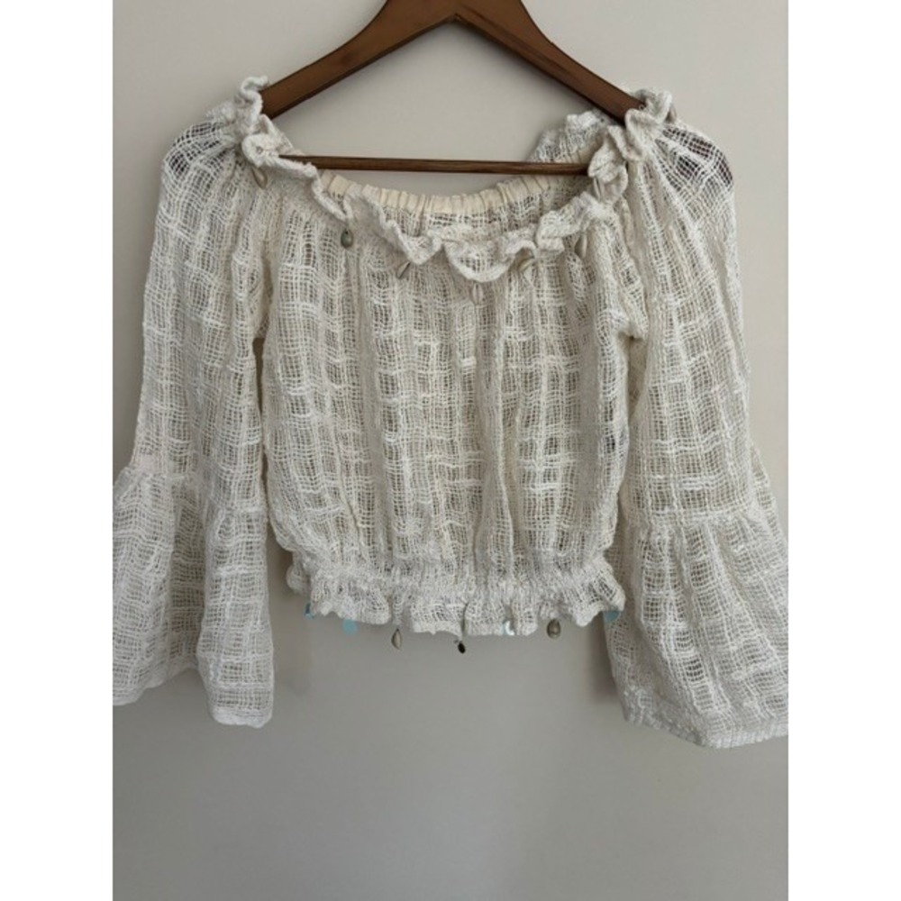POL Clothing Cream Textured Knit Off Shoulder Crop Top Bell Sleeve Shell Charm S